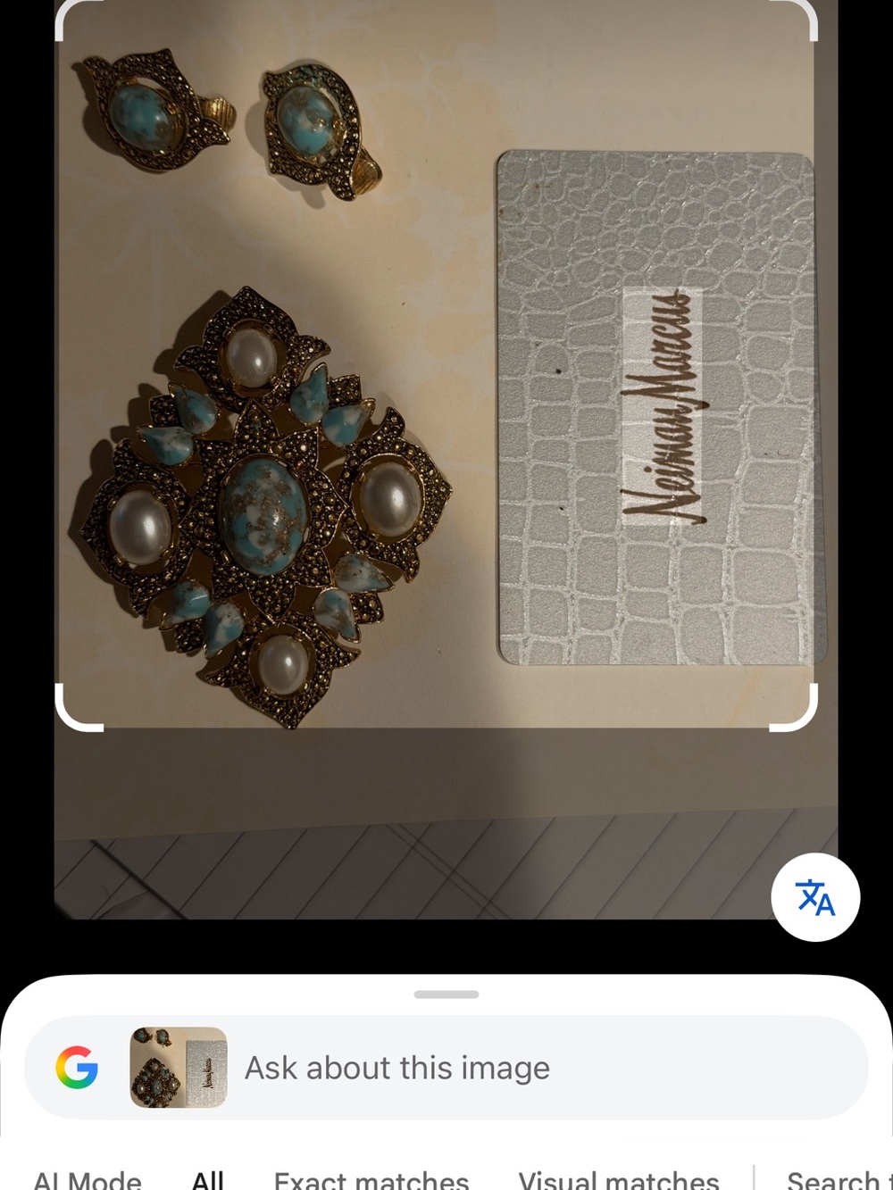 Antique Gold-Tone Turquoise & Pearl Statement Brooch with Clip Earrings